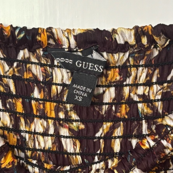 Guess| Brown & Cream Fall Floral Smocked Boho Long Sleeve Mini Dress Sz XS - Picture 2 of 6